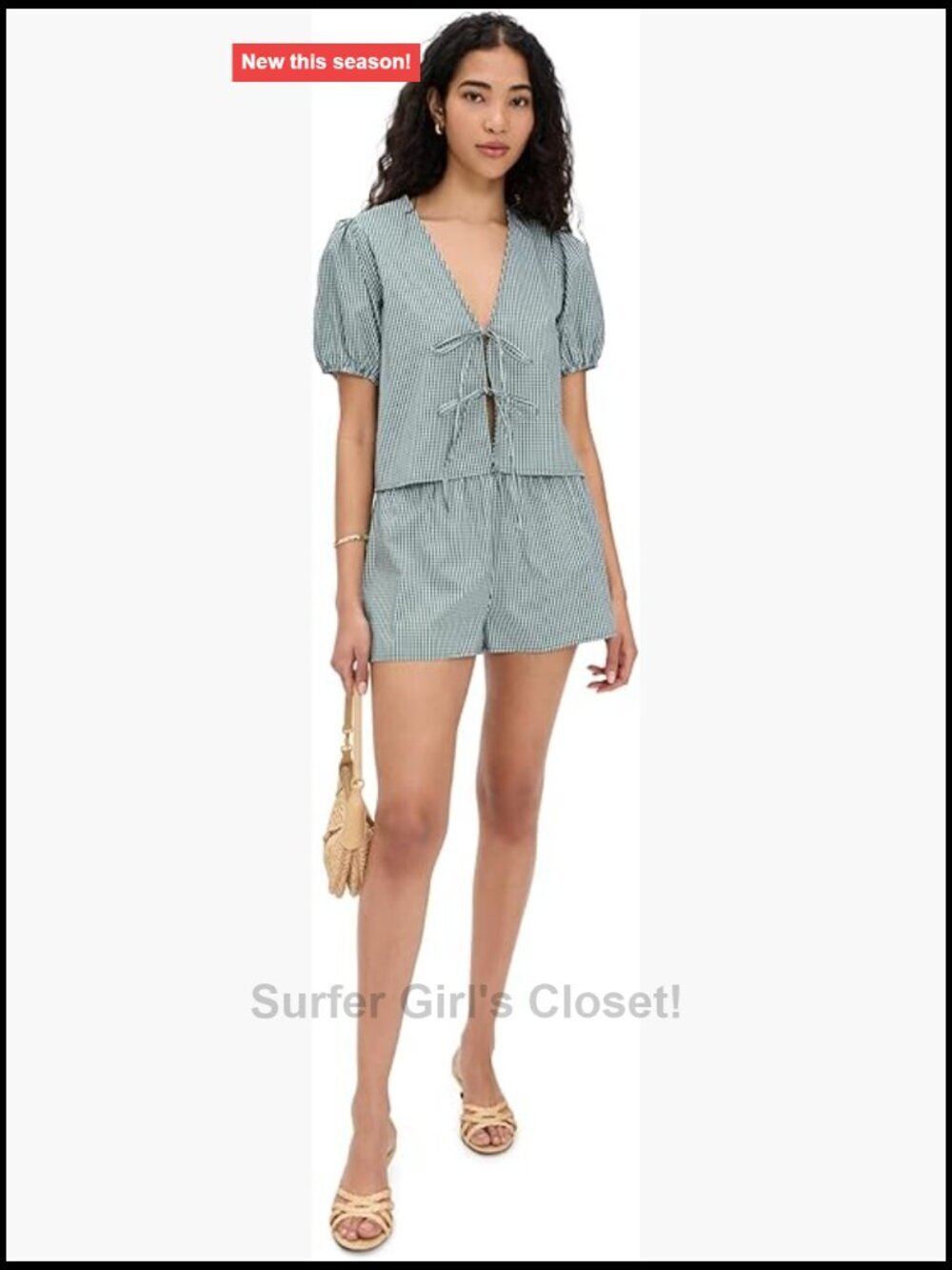 Women's Short Sleeve V-Neck Pant Set - Gingham Check Crop Top & Shorts